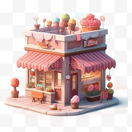 冰淇淋甜品店粉色可爱卡通立体插画图片