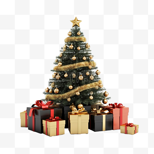 白色空间中的礼品盒和圣诞树图片