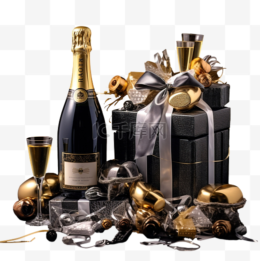 圣诞礼物篮，配有香槟和黑色礼物图片