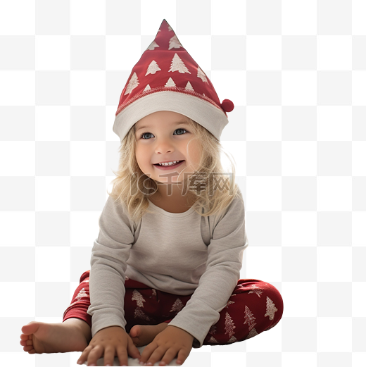 穿着圣诞睡衣的金发小女孩坐在家里的地毯上试戴圣诞老人的帽子图片