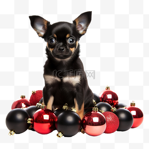 黑色有红色斑点的吉娃娃小狗坐在圣诞树球旁边图片