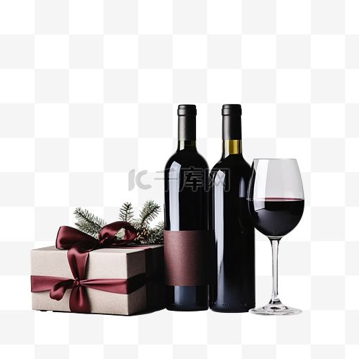 一瓶红酒和玻璃杯，墙上有圣诞礼物图片