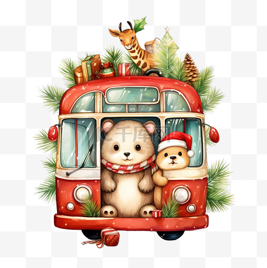 圣诞假期贺卡与卡通红色巴士图片
