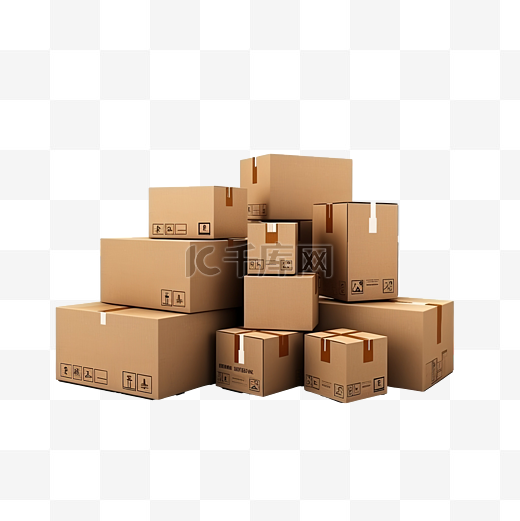 集装箱货物运输物流服务集装箱与棕色纸板箱包裹交付在线电子商务业务 3D 渲染图片