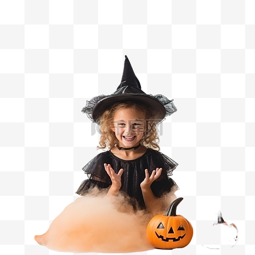 有趣的女孩孩子穿着万圣节服装女巫玩幽灵杰克南瓜雾和杰克图片