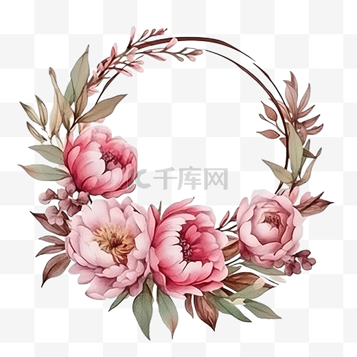 棕色干树枝花环框架上的水彩粉色牡丹花花束图片