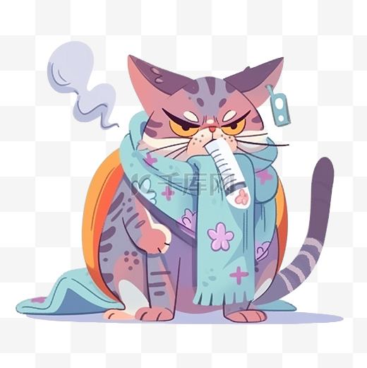 生病的美国猫盖着一条大毯子，嘴里有温度计涂鸦和卡通艺术图片