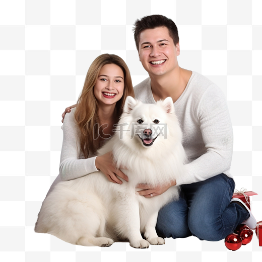 母亲和成年儿子与宠物纯种萨摩耶犬的家庭圣诞照片图片