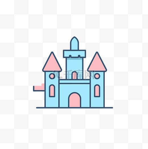 一个孤立的平面图标设计，带有蓝色线条的粉色城堡 向量图片