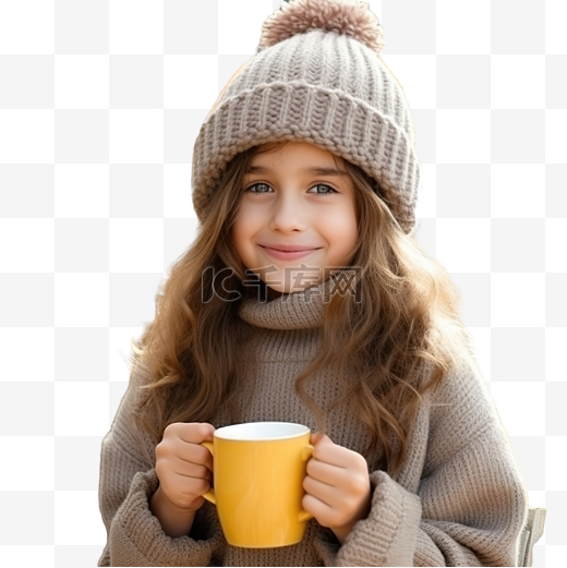 秋季万圣节概念中，可爱的女孩穿着暖和的衣服在户外喝茶图片