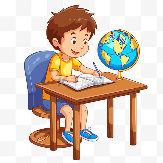 做家庭作业剪贴画男孩在桌子上写字，使用白色背景卡通上的地球仪 向量图片