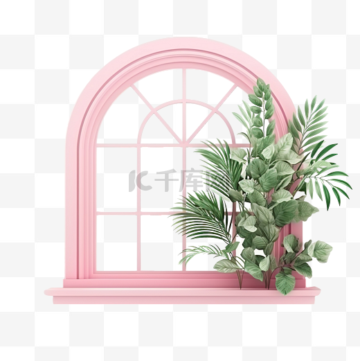 绿色植物和粉色窗框图片