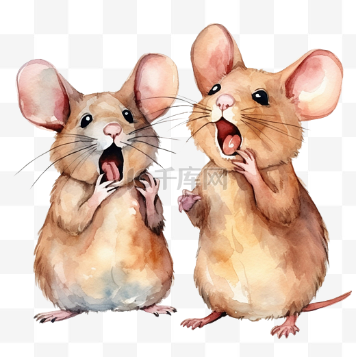 两只可爱的大耳朵棕色漫画老鼠微笑着唱歌，情绪愉快隔离水彩图像图片