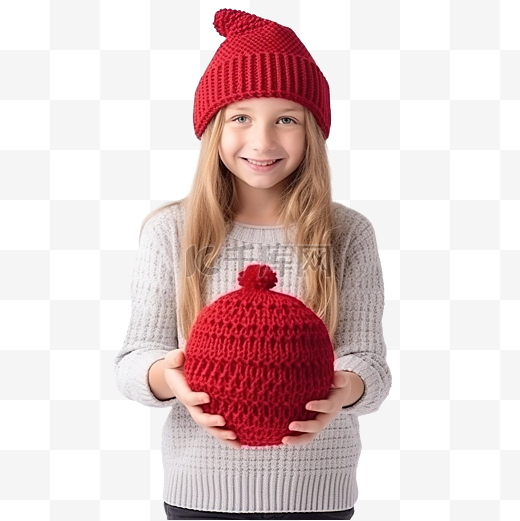 穿着毛衣和圣诞老人??帽子拿着红色圣诞球的女孩图片