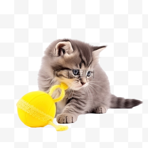 可爱的灰色小猫在黄色的圣诞玩具上玩得很有趣图片