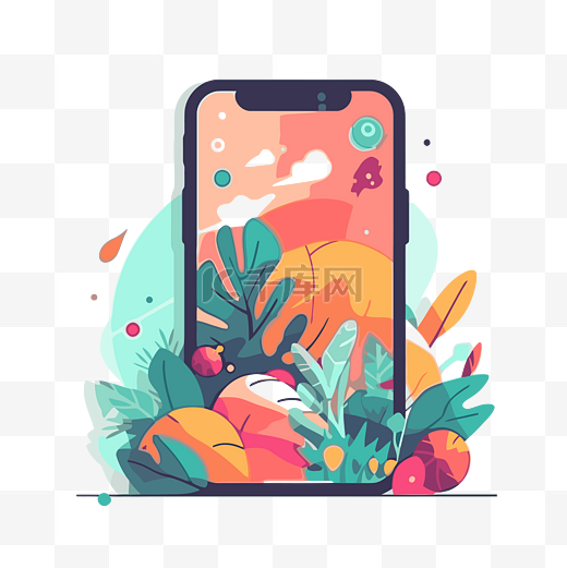 iphone剪贴画智能手机与抽象设计卡通中的橙色和黄色叶子 向量图片