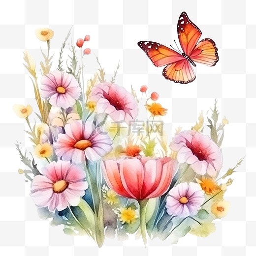 方形拉米与花朵和蝴蝶水彩插图图片