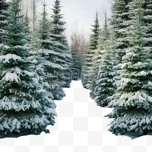 云杉林中，绿色蓬松的圣诞树树枝上覆盖着白色蓬松的雪图片