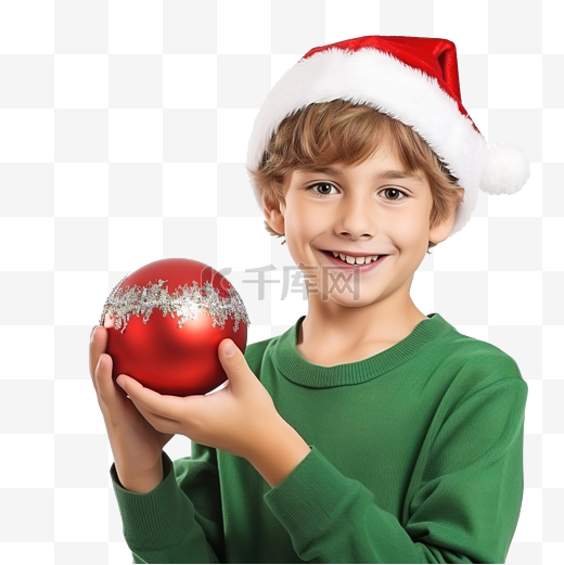 一个戴着圣诞老人帽子拿着圣诞树玩具球的男孩的肖像图片