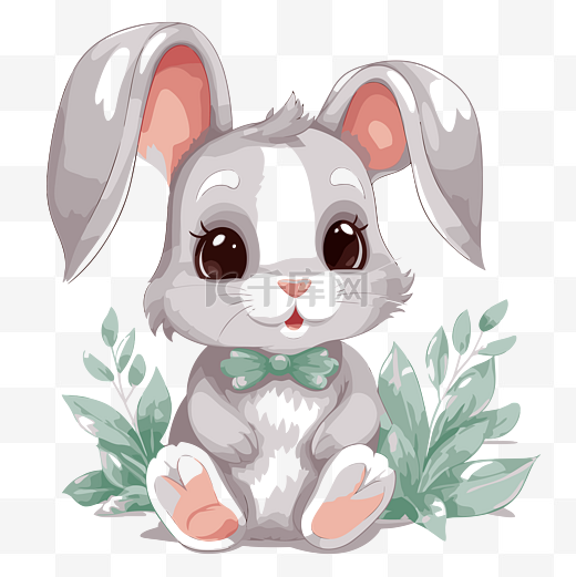 兔子剪贴画可爱的兔子，有绿叶，领子上有蝴蝶结卡通 向量图片