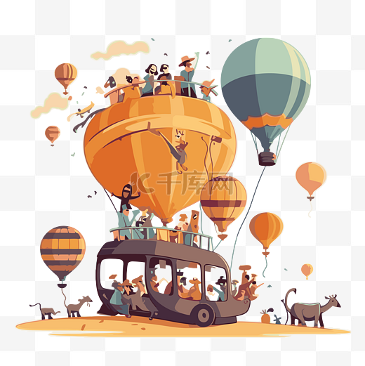 迁徙剪贴画动物和人乘坐热气球乘坐地图卡通 向量图片