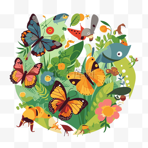 生物多样性剪贴画彩色设计矢量图和热带鸟类和蝴蝶卡通图片