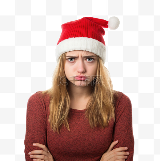 戴着圣诞帽的女孩对某事感到不高兴和沮丧图片