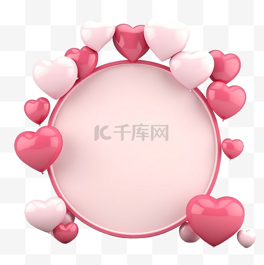 圆形框架或支架的 3D 渲染，装饰有心形气球爱情或情人节概念图片