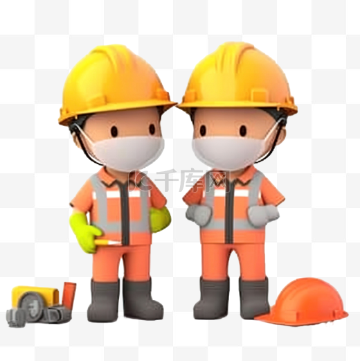 3d 孤立的现场工人，身穿橙色背心和黄色头盔图片