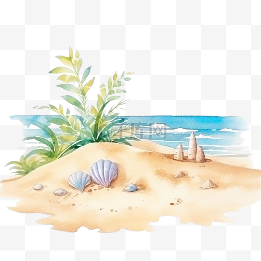 水彩沙滩夏日元素海滩夏日插画图片