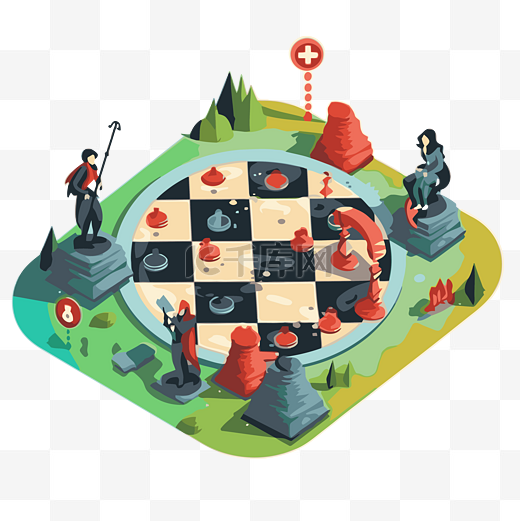策略剪贴画与玩家和骑士人物卡通等距国际象棋游戏 向量图片