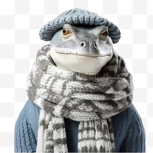鳄鱼在冬天的帽子和围巾图片