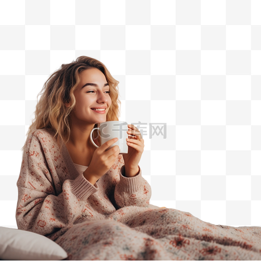 女孩在节日圣诞树下的卧室床上喝茶吃饭图片