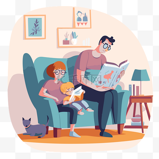 花时间与家庭剪贴画全家福插画坐在沙发上看书卡通 向量图片