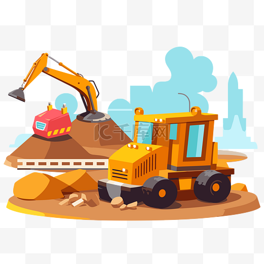 建筑剪贴画建筑工地建筑工地施工挖掘挖掘机与沥青和泥土在道路上矢量插画卡通图片