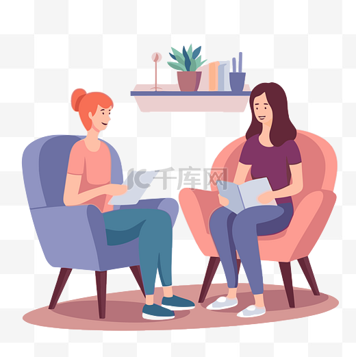 咨询剪贴画两个女人在舒适的环境卡通中讨论心理健康问题 向量图片