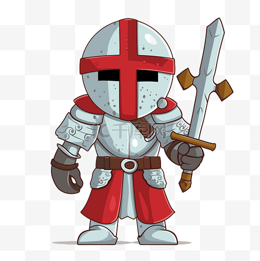 中世纪骑士身穿白色盔甲和白色背景卡通剑的十字军剪贴画人物 向量图片