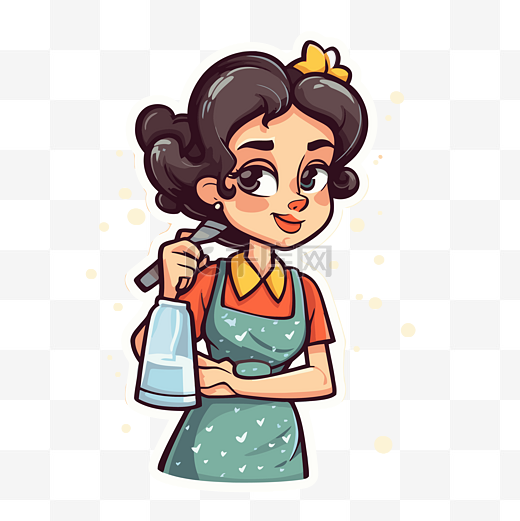 卡通人物卡通女孩清洁女工穿着围裙，带着喷雾器矢量图图片