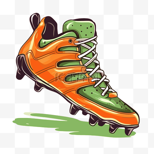 夹板剪贴画白色背景卡通上的橙色和绿色足球靴 向量图片