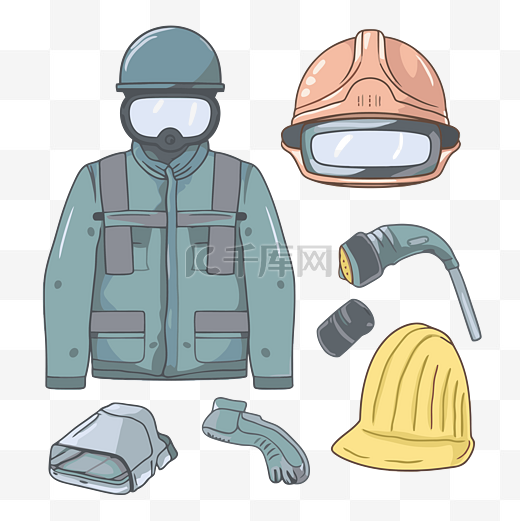 PPE 剪贴画一套防护服和设备，防止危险有害物质卡通 向量图片