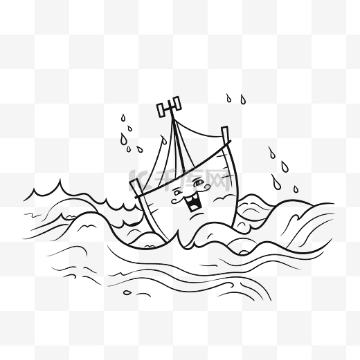 绘制一艘船在水中的黑白绘图的插图，带有愤怒的表情轮廓草图 向量图片