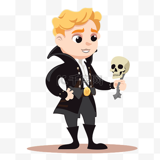哈姆雷特剪贴画可爱的德古拉穿着黑色衣服，拿着死骷髅卡通 向量图片