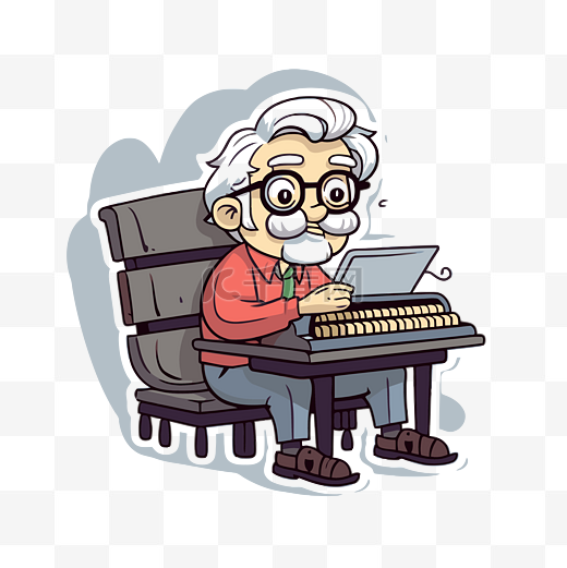 卡通老人在打字机上工作 向量图片