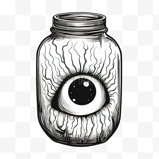 手绘涂鸦眼睛在罐子矢量令人毛骨悚然的插图万圣节瓶与眼睛轮廓图片