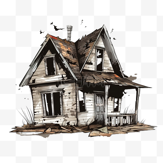 可怕的废弃房屋，窗户用木板封住，屋顶破损，万圣节插图图片