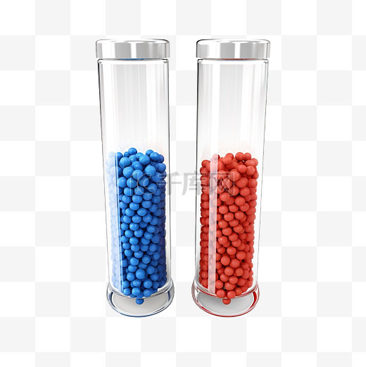 用于注射成型工艺的样品试管塑料颗粒中的聚合物塑料珠红色和蓝色聚合物树脂 3D 插图图片