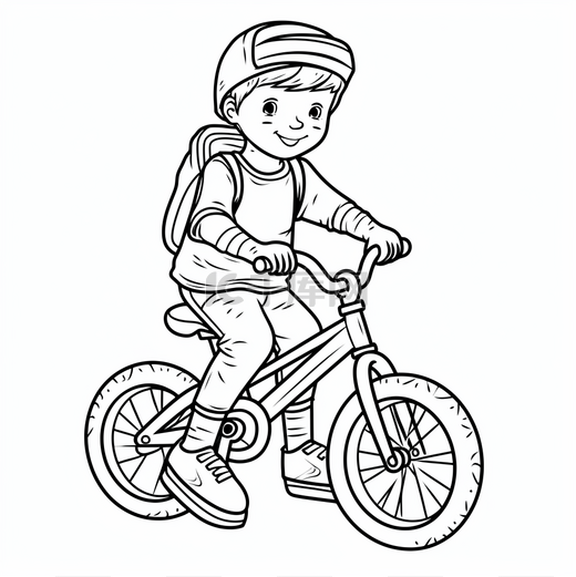 男孩正在骑他的自行车着色表图片