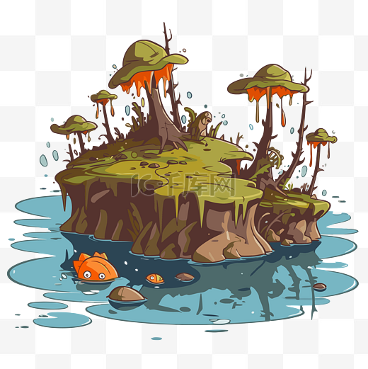 沼泽剪贴画卡通鱼在水中和水中的蘑菇岛 向量图片