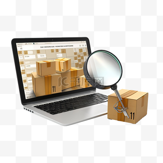 搜索栏空白与放大镜堆叠货物纸板箱隔离网络搜索引擎或网络浏览概念 3D 插图或 3D 渲染图片