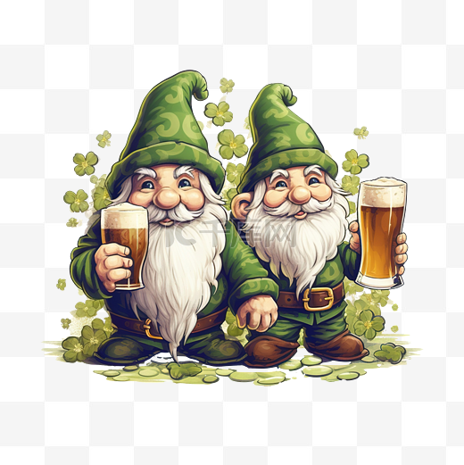 两个爱尔兰侏儒圣帕特里克节侏儒与三叶草和啤酒图片